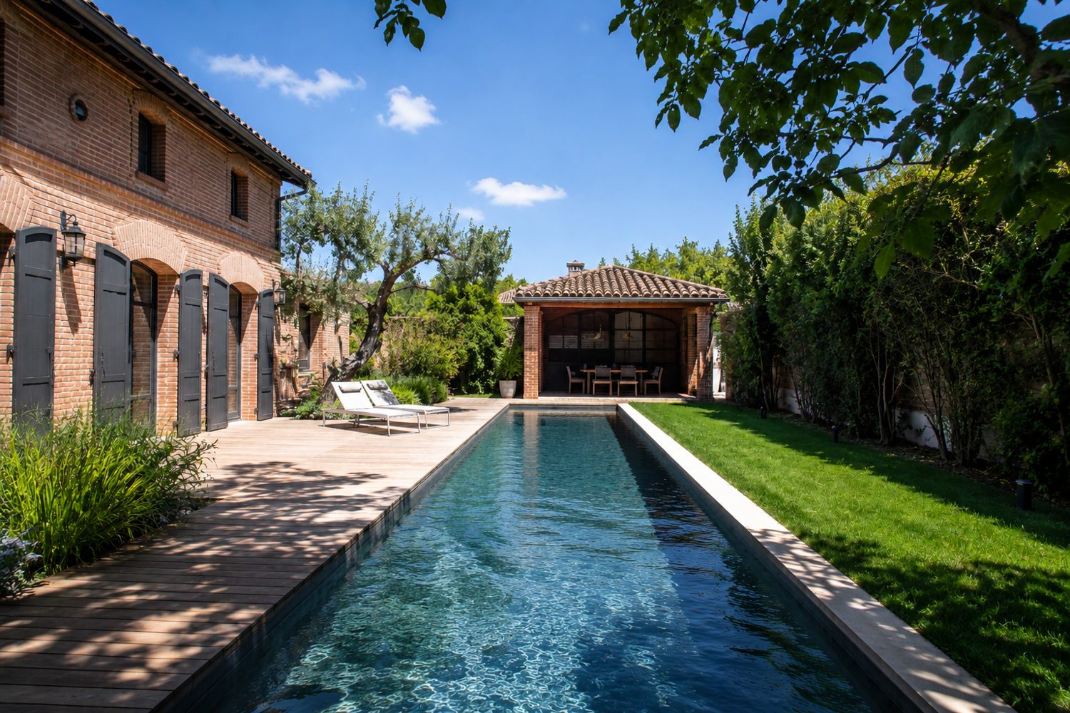 Couloir de nage de 12 m réalisé par un pisciniste à Tournefeuille, terrasse bois, maison en brique toulousaine et pool house