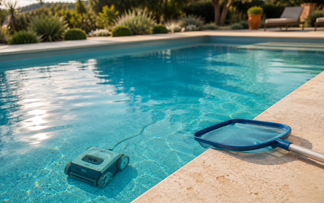 Entretien de piscine à Toulouse : robot nettoyeur au fond du bassin et épuisette, eau parfaitement limpide