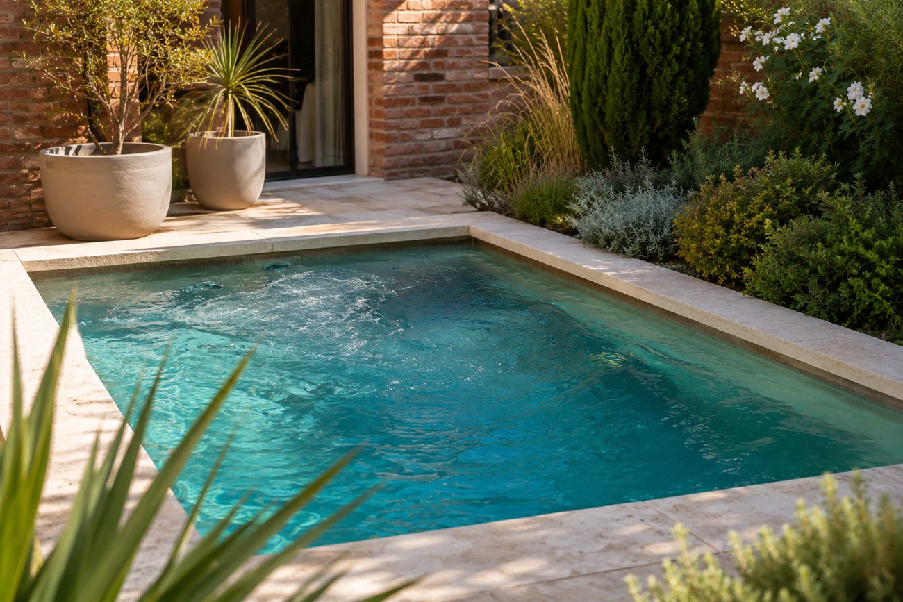 Mini-piscine sans permis de moins de 10 m² dans un petit jardin toulousain : eau turquoise, margelles en travertin et nage à contre-courant