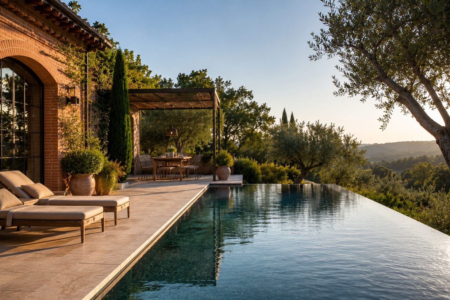 Piscine à débordement réalisée par un pisciniste à Quint-Fonsegrives, terrasse travertin, oliviers et vue dégagée sur la campagne toulousaine