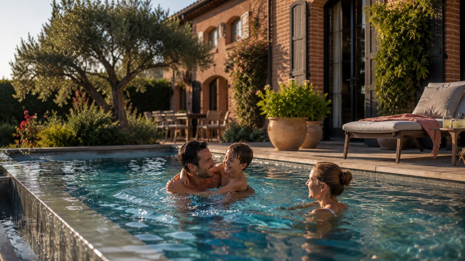 Piscine sur mesure dans un jardin toulousain en brique, une famille profitant du bassin au coucher du soleil